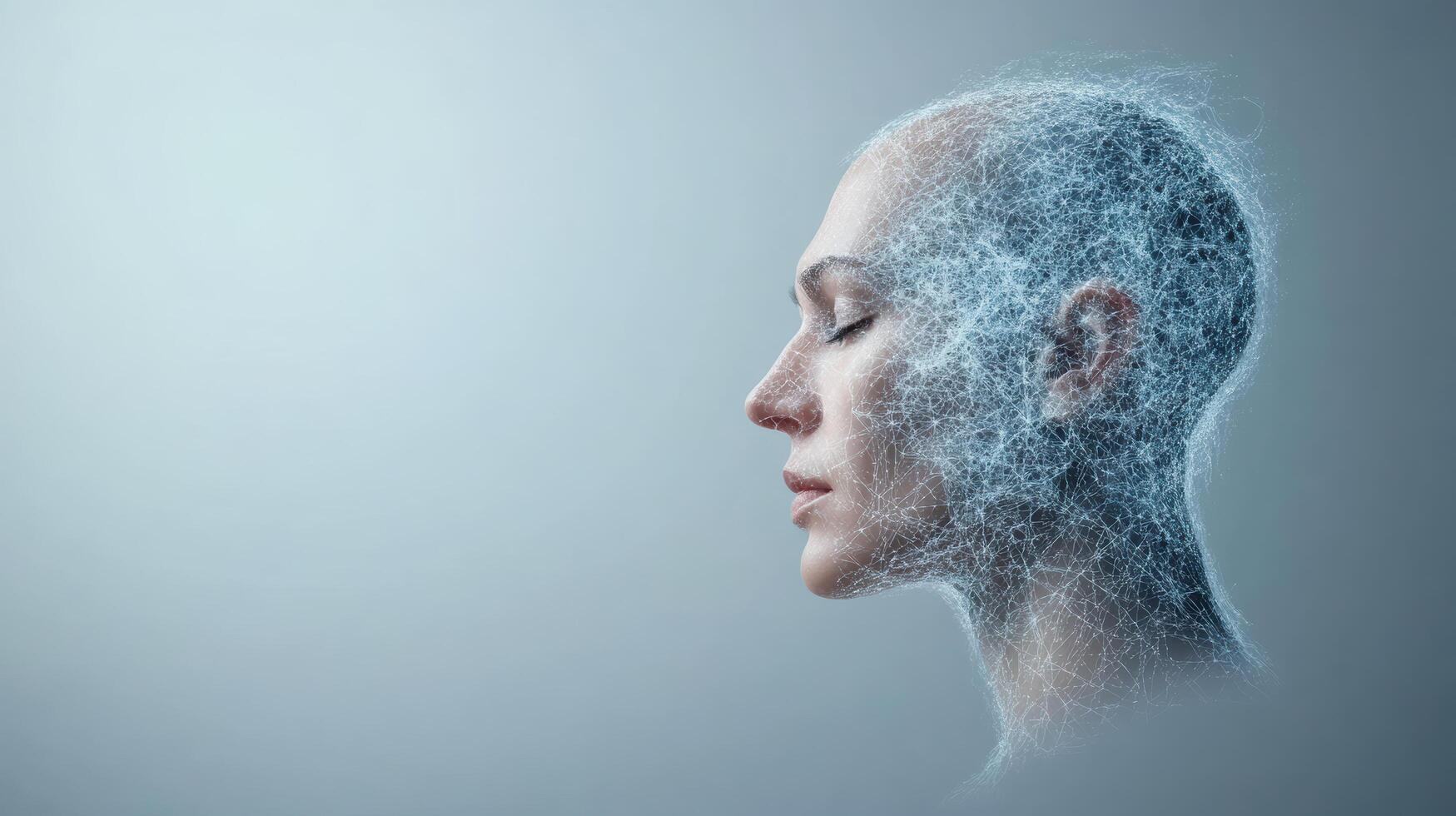 futuristic digital representation of human head, showcasing network of interconnected lines and photo