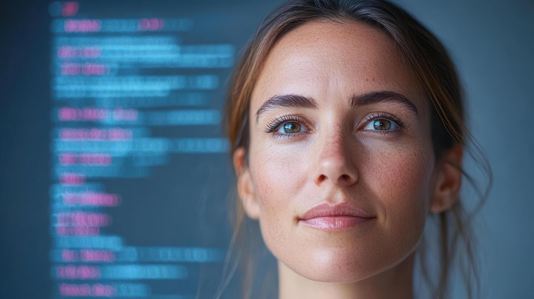 focused individual gazes at digital screen displaying code, reflecting tech savvy environment photo