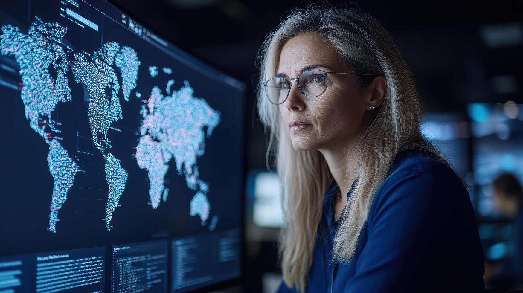 focused professional analyzing data on large screen in modern workspace photo