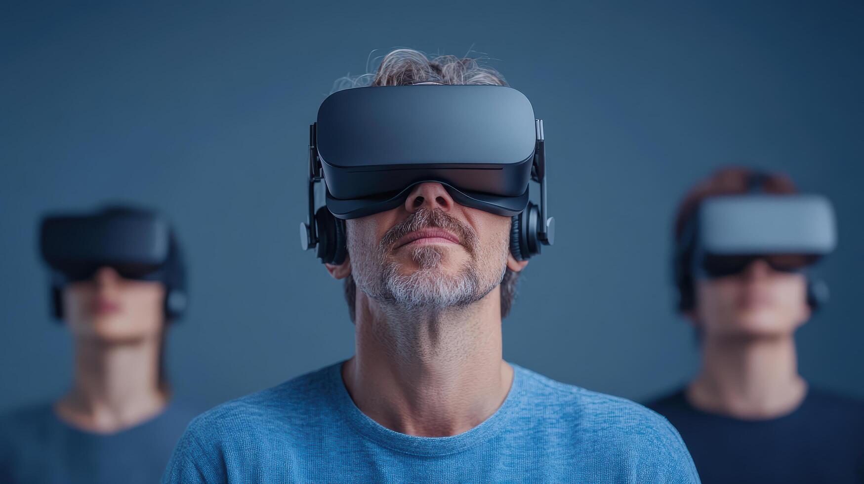 Immersive virtual reality experience with users wearing headsets, exploring new worlds photo