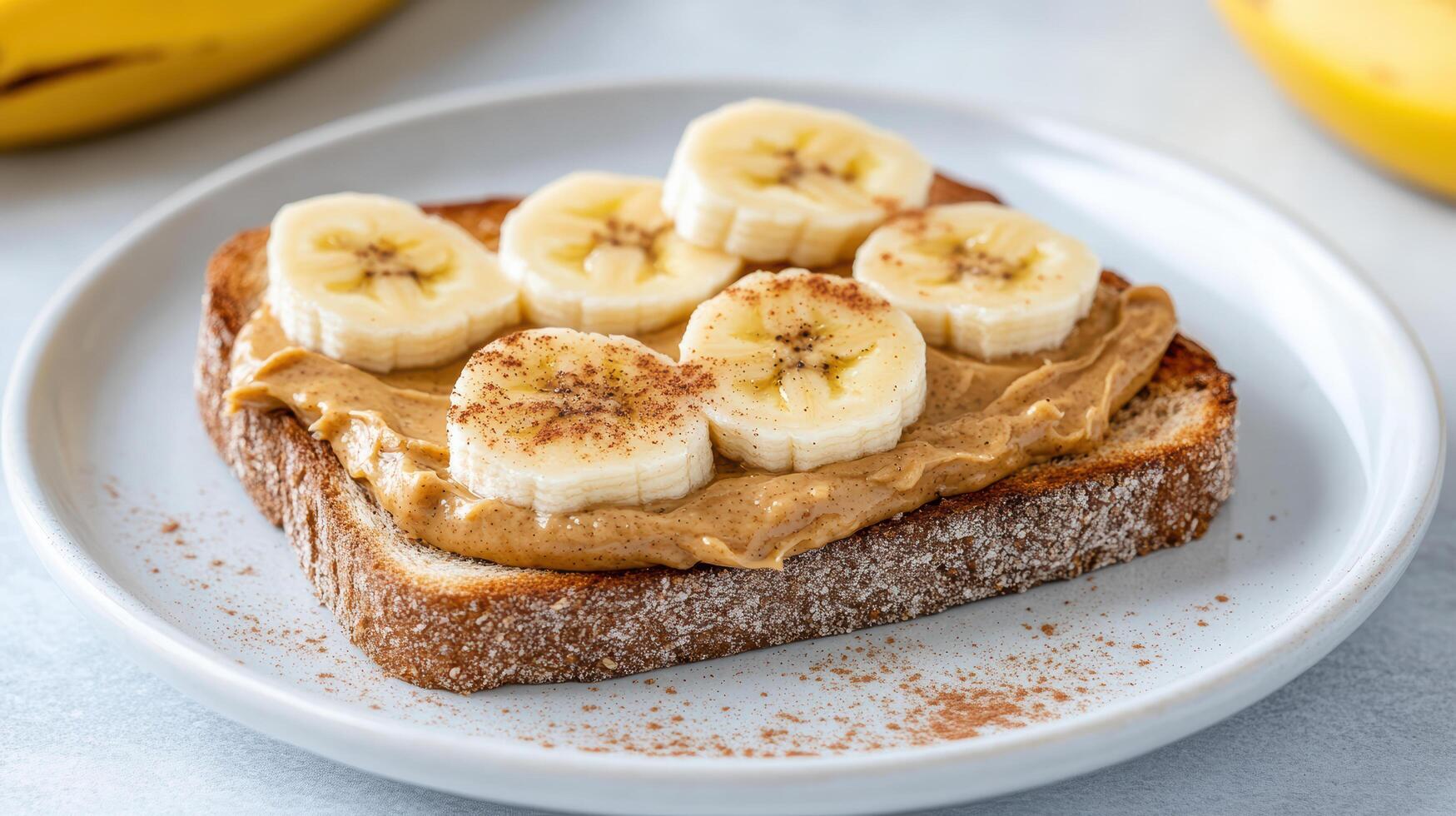 Creamy nut butter spread whole grain toast topped with fresh banana slices creates delicious photo