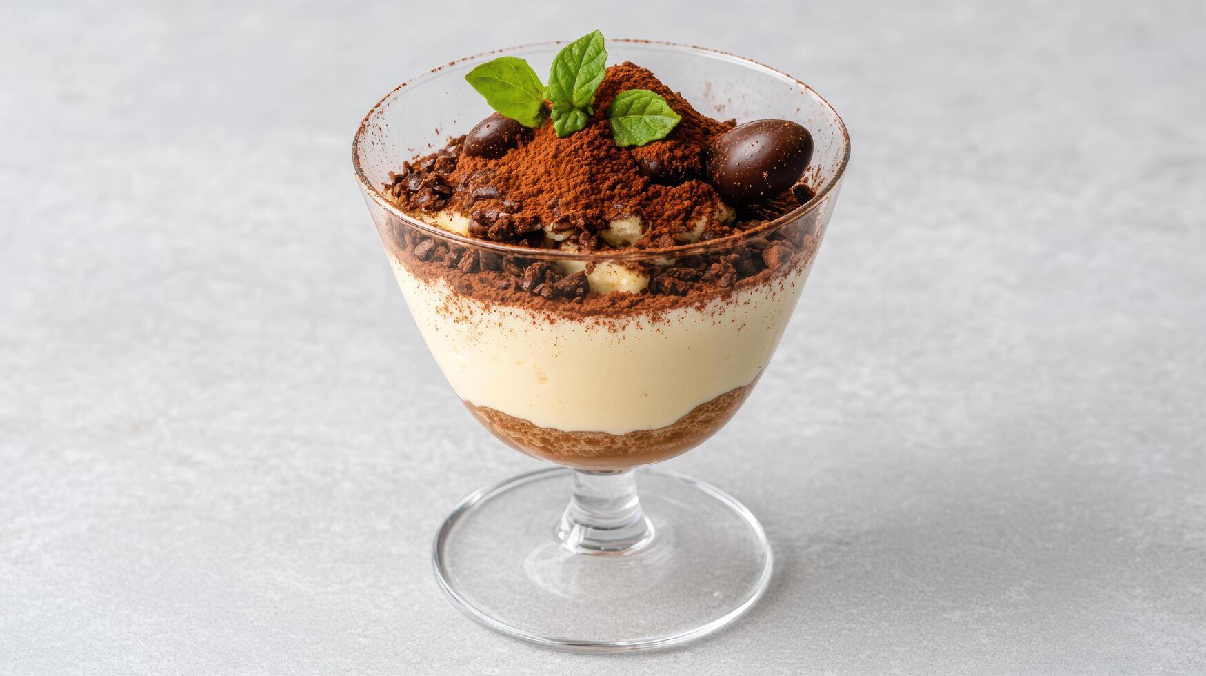 Luxurious tiramisu dessert in glass, topped with cocoa and mint leaves, looks delightful photo