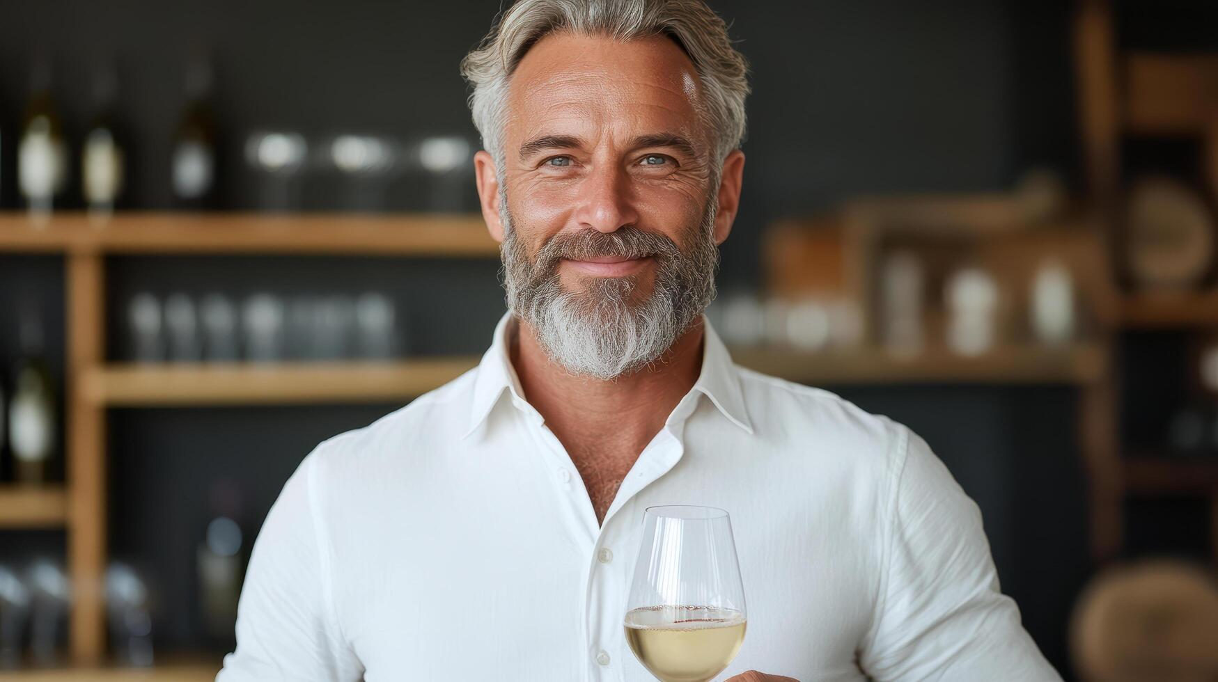 confident man with beard holds glass of white wine, smiling warmly in cozy setting photo