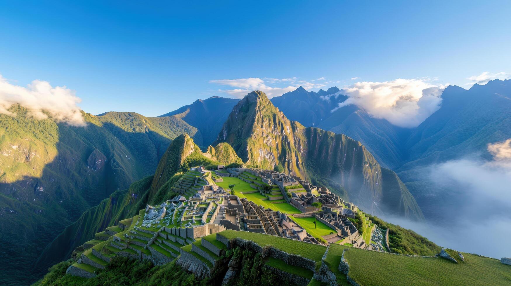 Majestic Machu Picchu surrounded by lush mountains and clear skies evokes sense of wonder photo