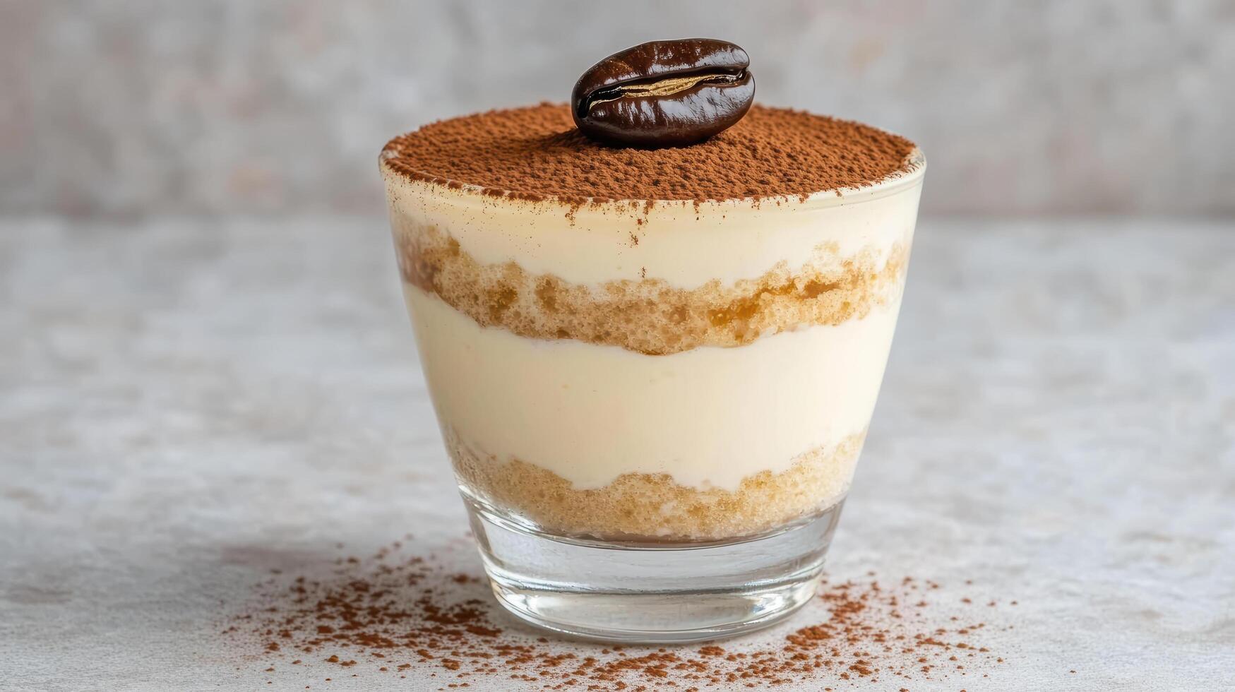 Creamy tiramisu dessert layered with coffee and cocoa, topped with coffee bean photo