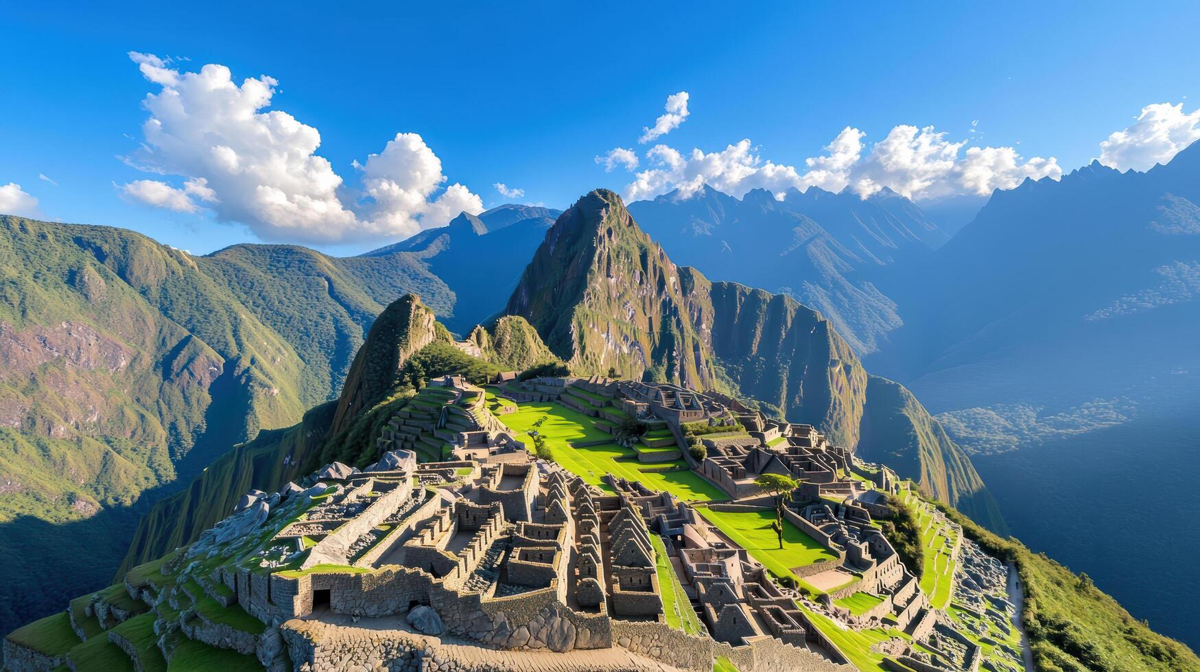 Majestic Machu Picchu with lush greenery and stunning mountain backdrop under bright sky photo