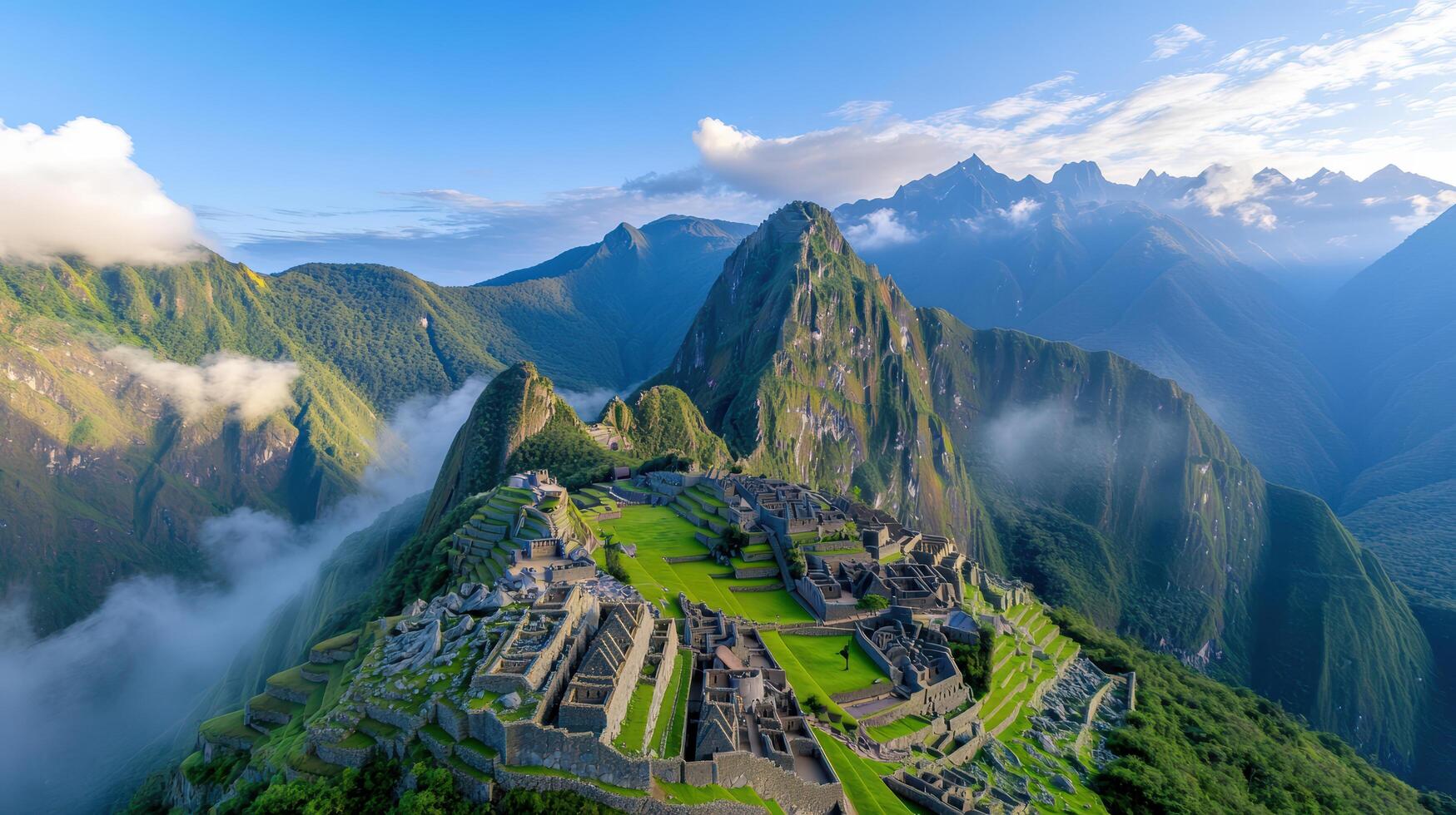 breathtaking view of Machu Picchu surrounded by lush mountains and clouds, showcasing ancient photo