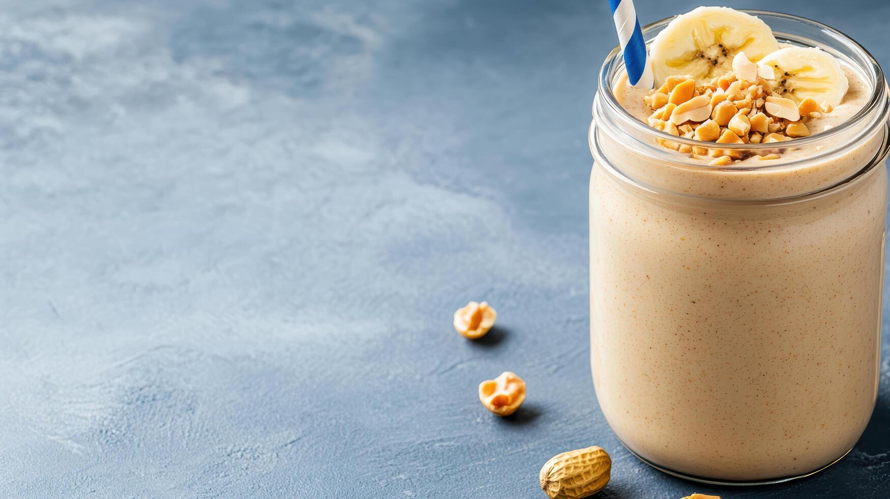 Creamy peanut butter smoothie topped with banana and crushed nuts, perfect for healthy snack photo