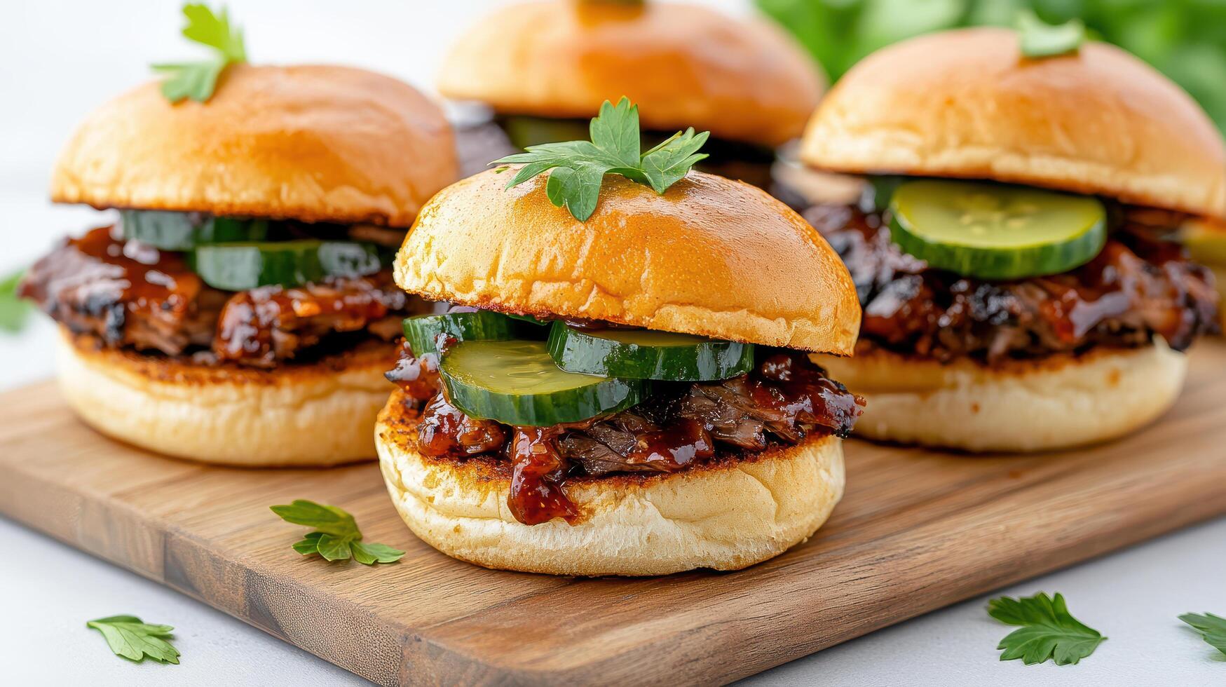Delicious sliders featuring slow cooked brisket, pickles, and fresh herbs on wooden platter photo