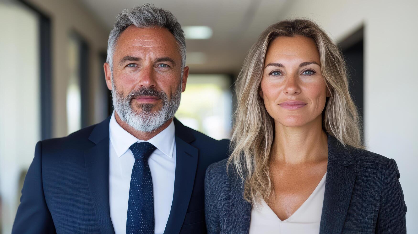 Professional business leaders standing confidently modern office corridor, showcasing teamwork photo