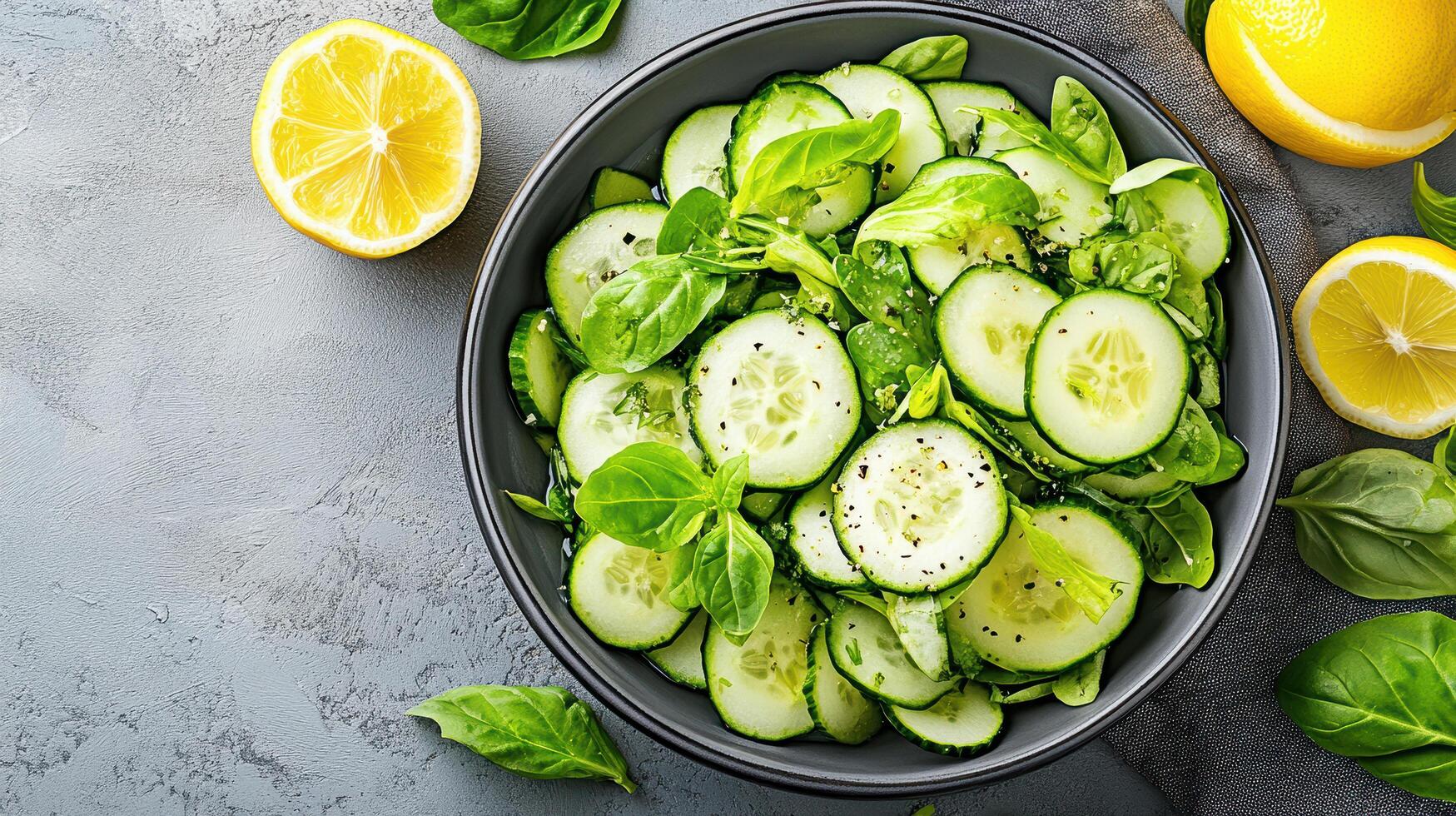 Fresh cucumber salad with spinach and lemon slices, perfect for healthy meal photo