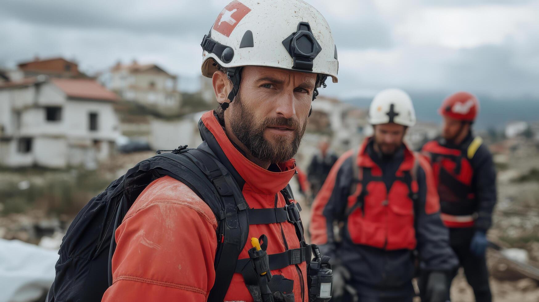 Rescue team members in red gear assess disaster area, showcasing teamwork and determination photo