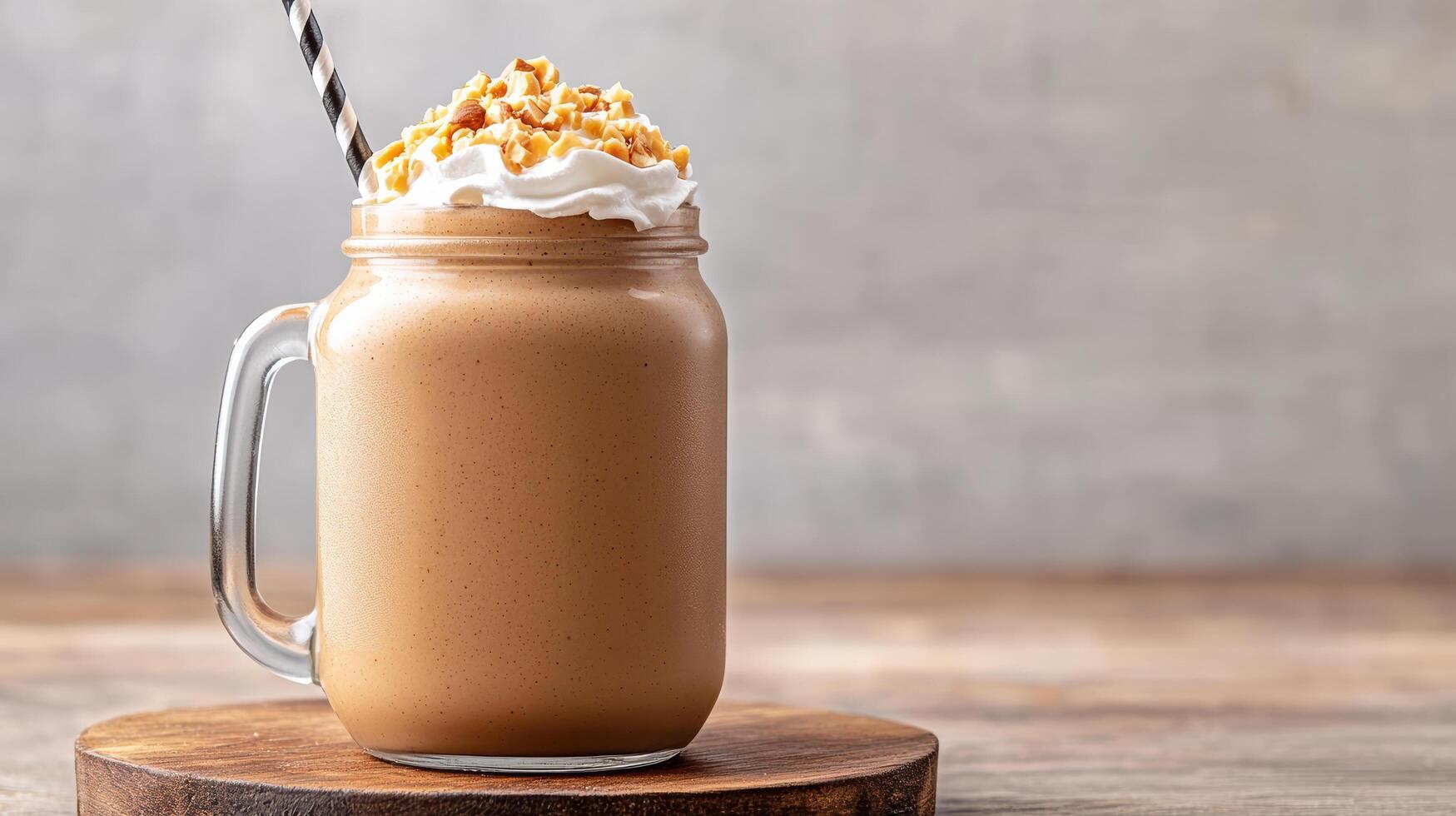 Creamy peanut butter milkshake in mason jar topped with whipped cream and nuts photo