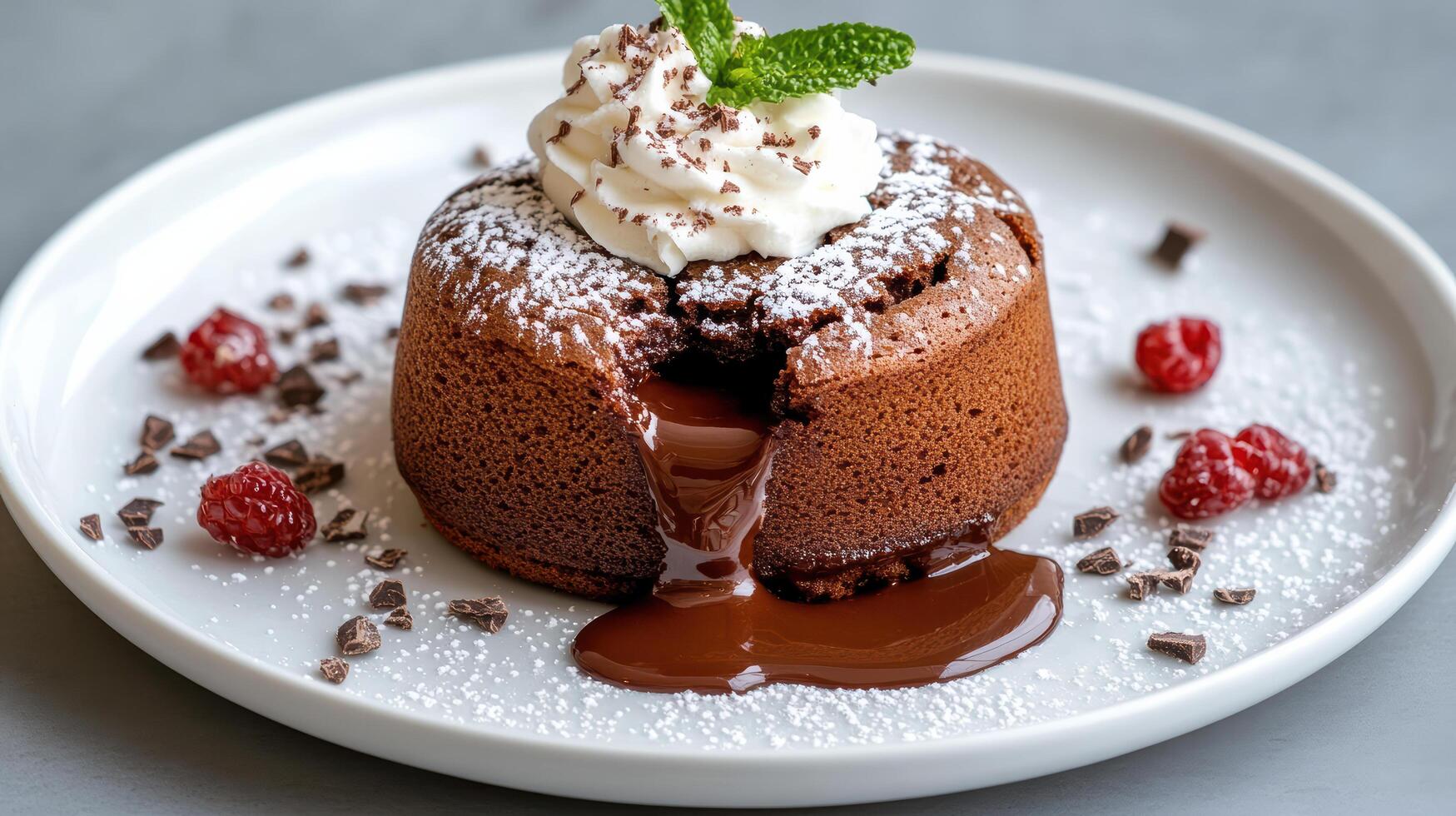 Rich chocolate lava cake with warm melted center, garnished with cream and raspberries photo