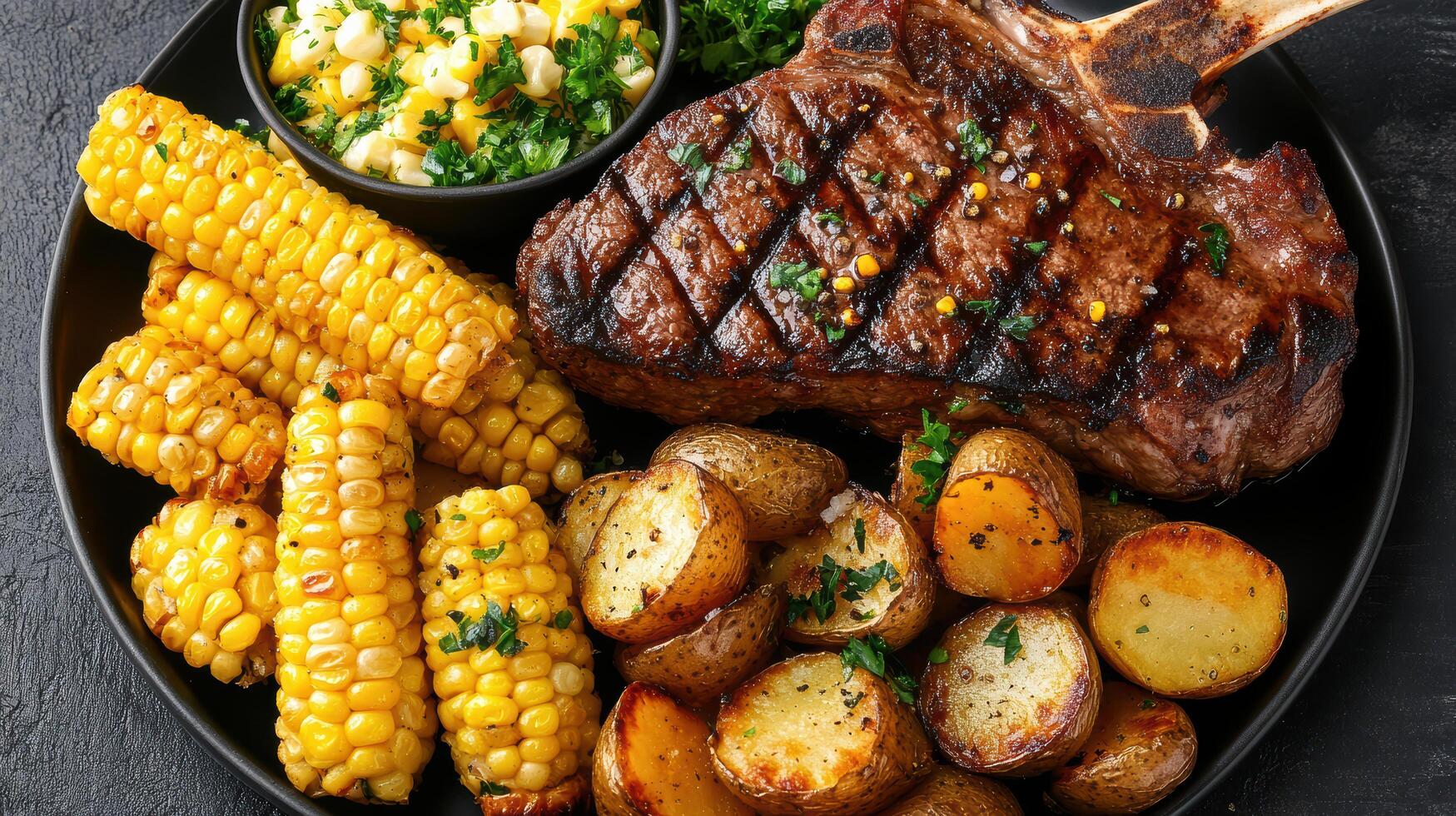 delicious rustic dinner featuring tomahawk steak, roasted potatoes, and corn cob, perfect for photo