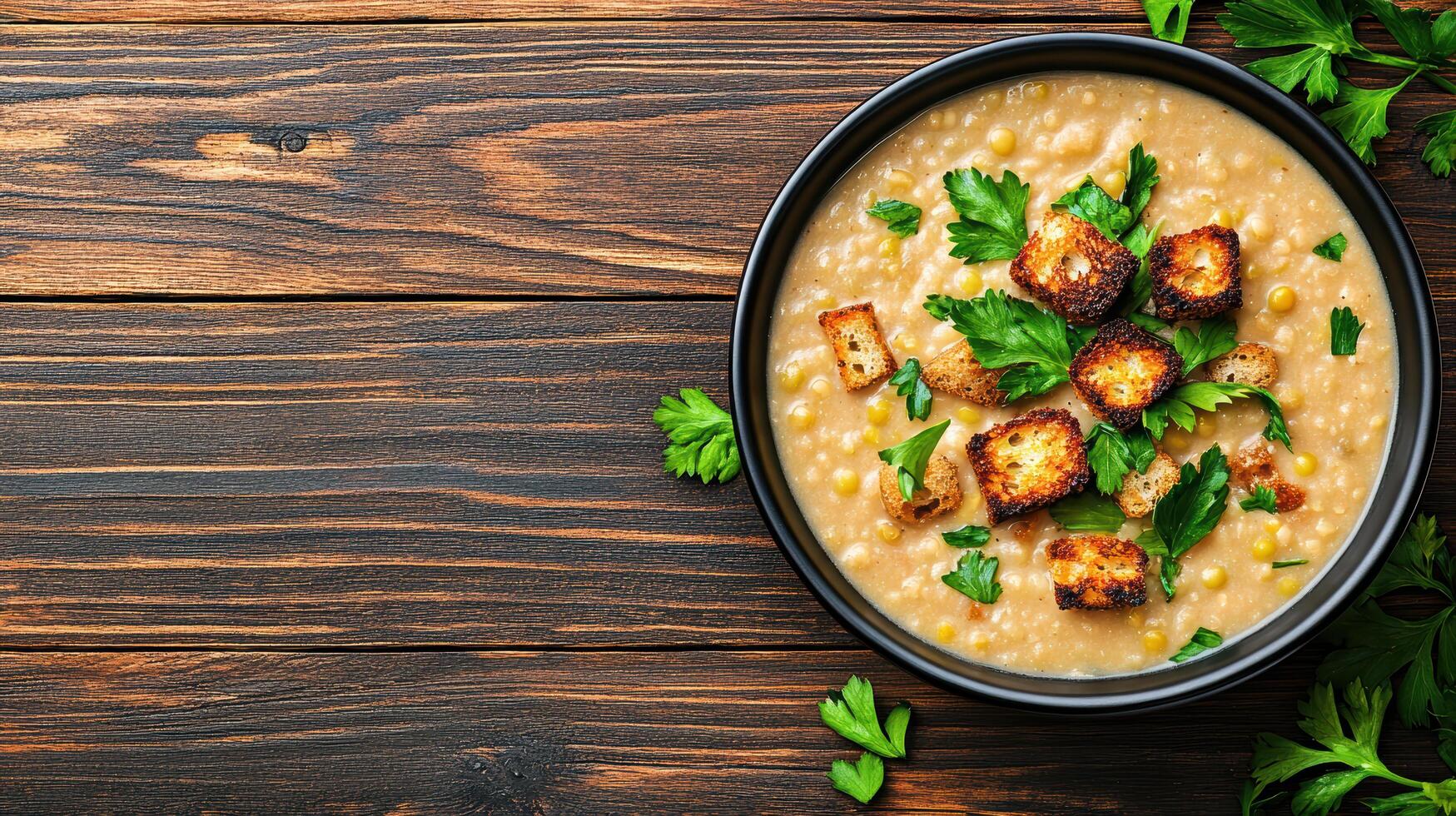 Creamy split pea soup topped with croutons and fresh parsley on rustic wooden table photo