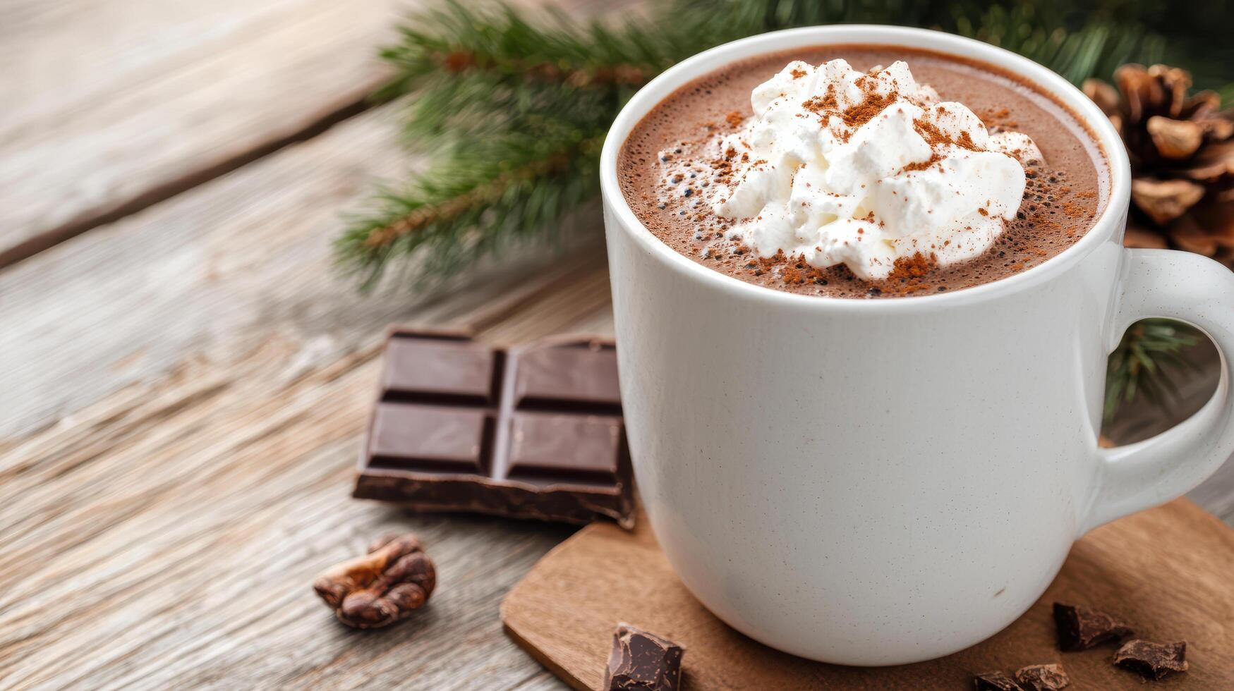 Rich hot chocolate topped with whipped cream and chocolate pieces, perfect for cozy moments photo