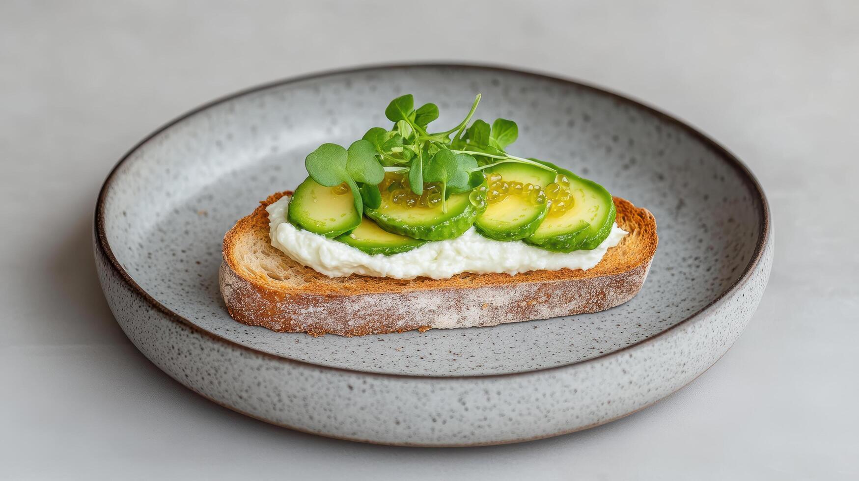 Creamy cheese spread on toasted bread topped with fresh cucumber slices and microgreens photo