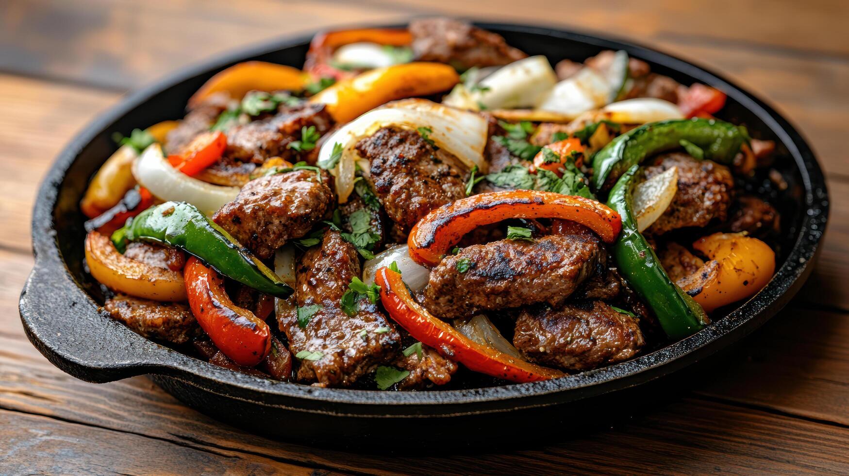 Sizzling fajitas with colorful peppers and onions create delicious and vibrant dish photo