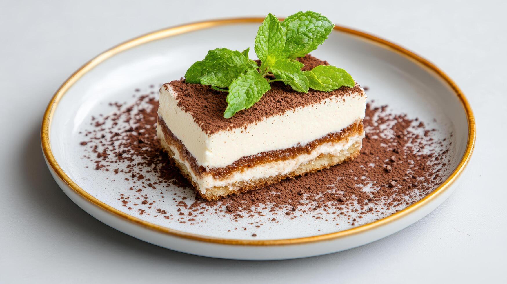 delicious slice of tiramisu garnished with fresh mint leaves on decorative plate photo