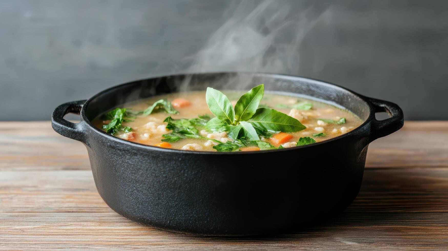 steaming vegetable broth cast iron pot, garnished with fresh herbs, evokes warmth and comfort photo