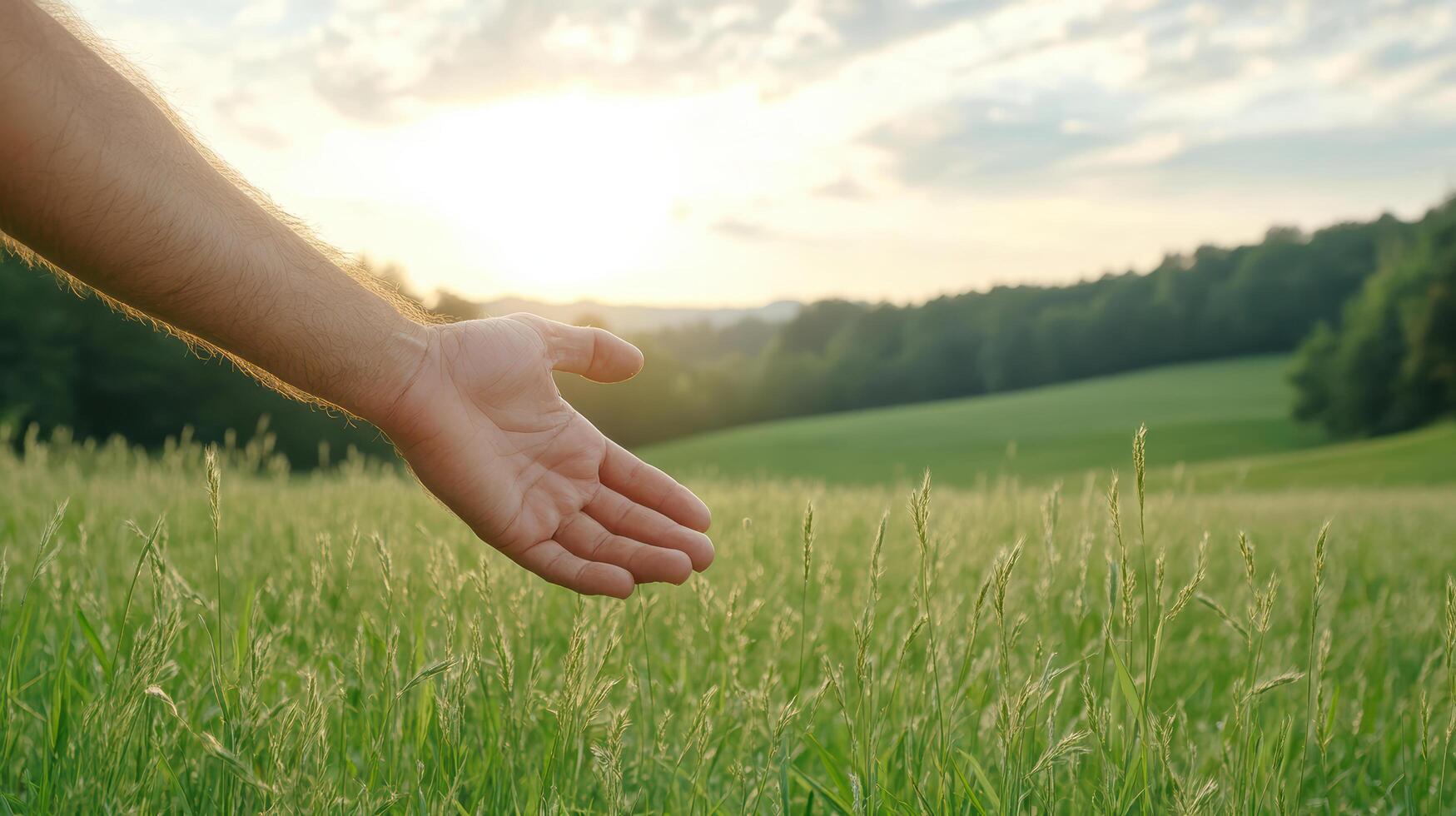 hand reaching out through tall grass, embracing nature beauty at sunset photo
