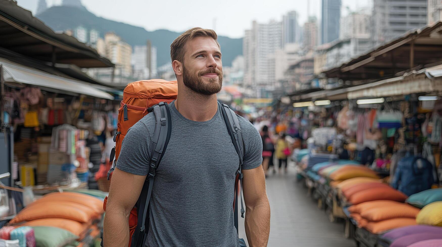 solo traveler exploring vibrant market in Asian city, surrounded by colorful stalls and people photo