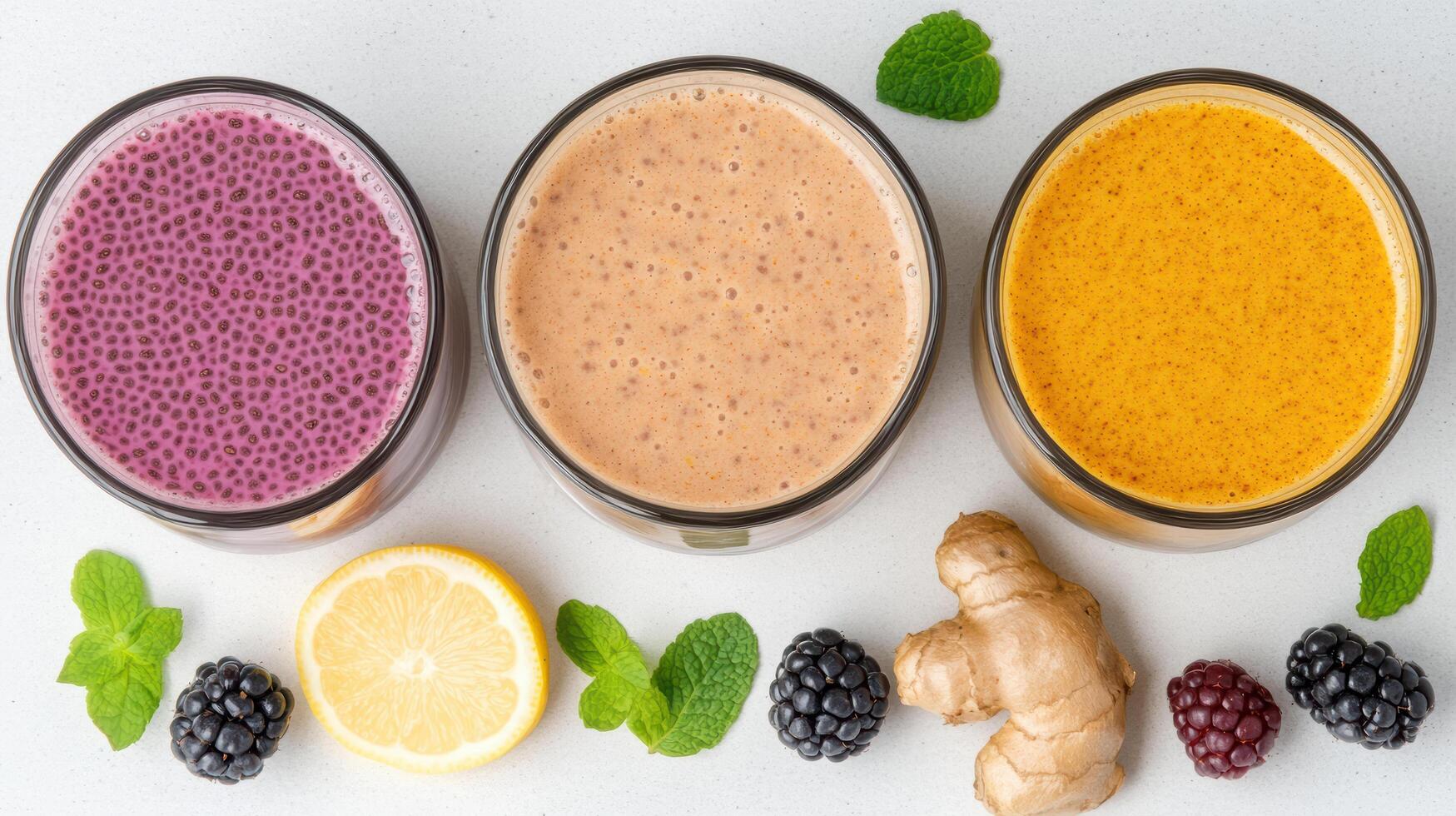 Chia seed drinks vibrant colors with lemon, ginger, and mint, offering refreshing detox photo