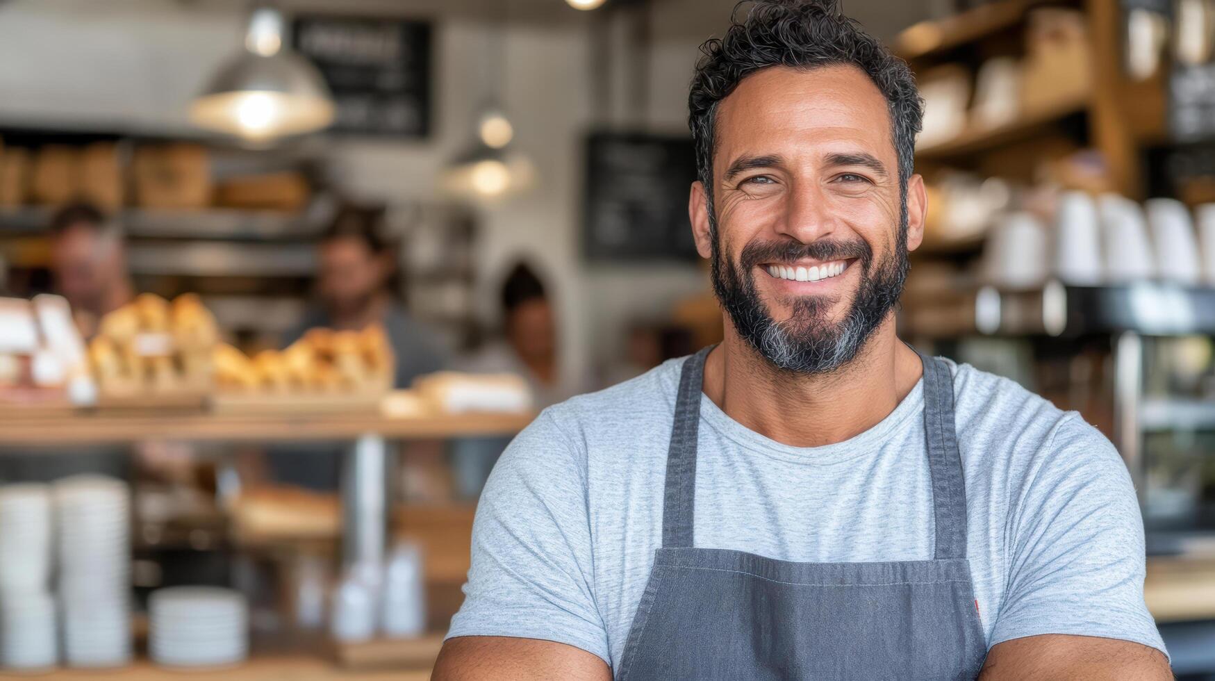 Smiling barista in cozy cafe, showcasing warmth and friendliness while serving customers photo