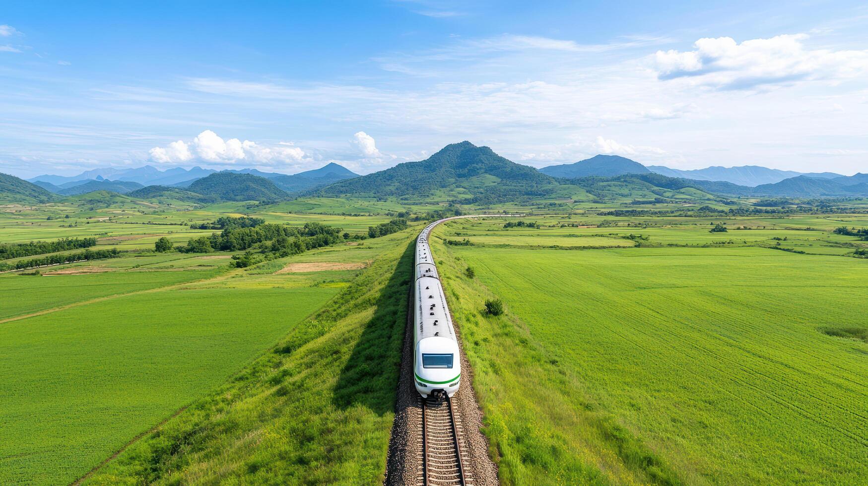 scenic train journey through lush green fields and rolling hills evokes sense of adventure and photo