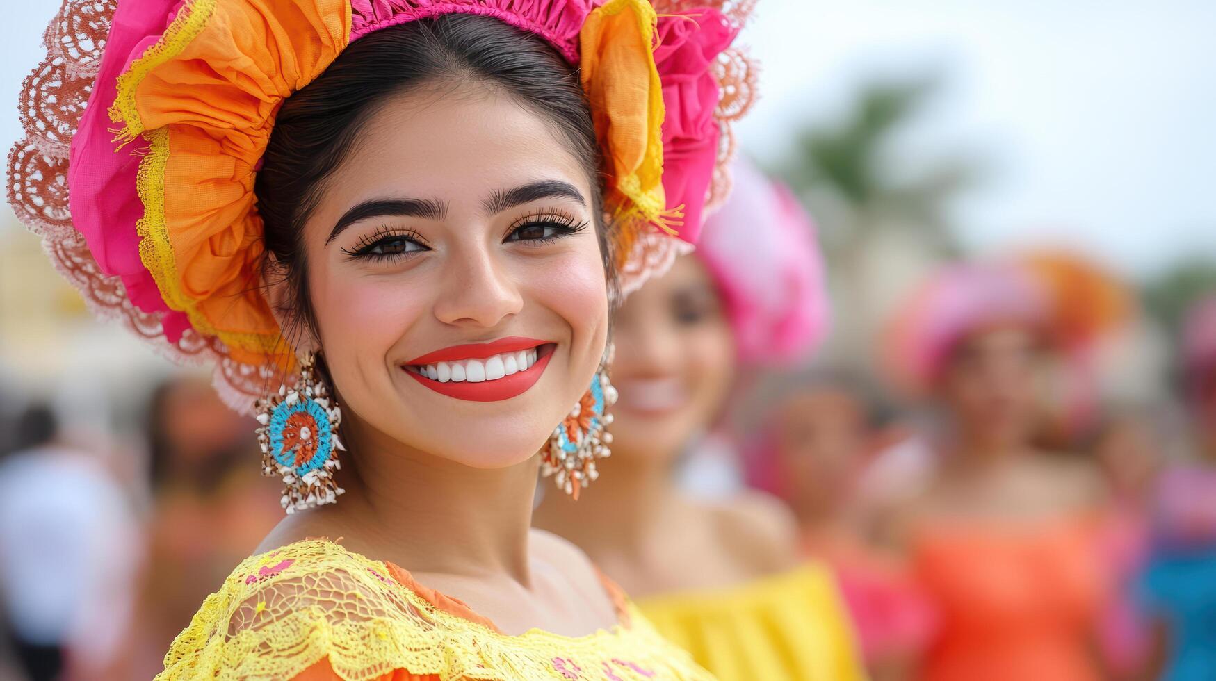 Vibrant cultural celebration featuring smiling woman traditional attire, showcasing joy and photo