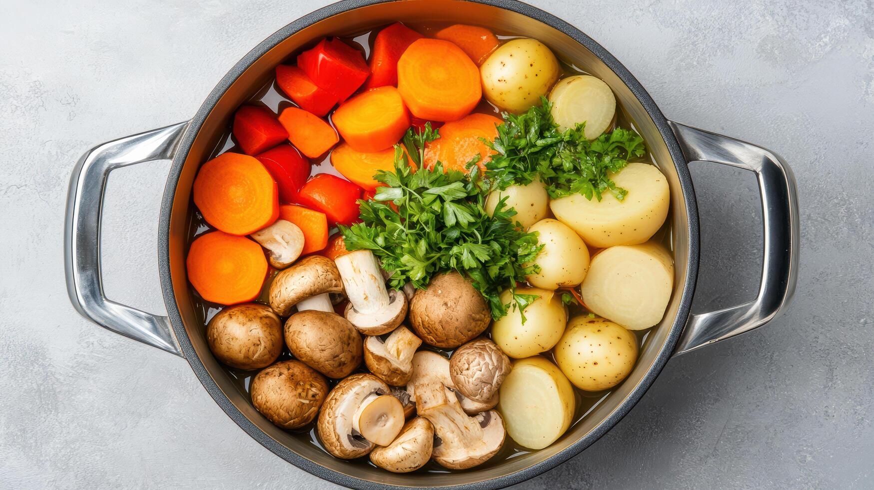 Fresh vegetables and mushrooms in pot, ready for cooking healthy meal photo