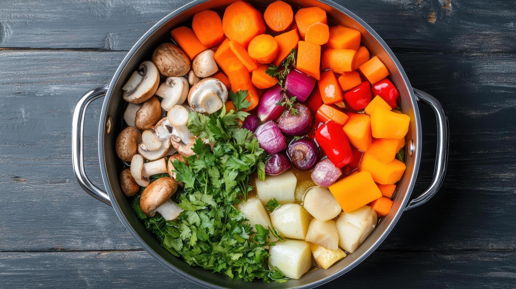 Fresh vegetables including carrots, mushrooms, and herbs create colorful and healthy dish photo