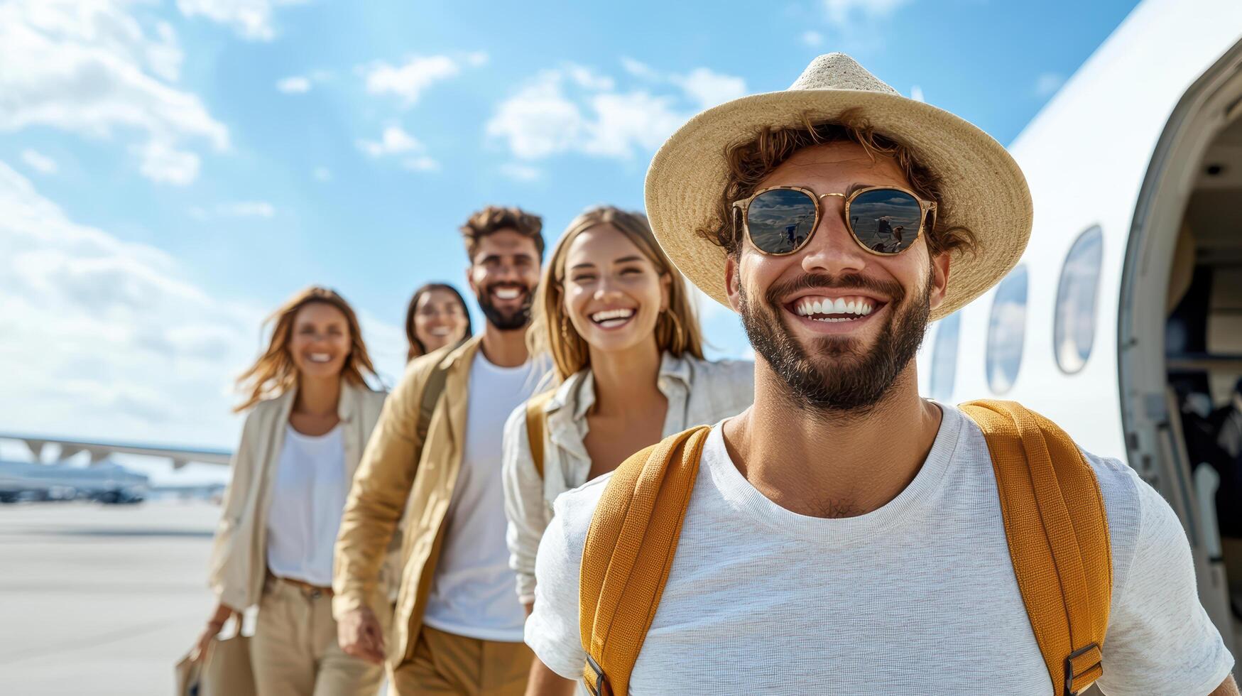 Cheerful group of friends arriving at destination, smiling and enjoying their trip together photo