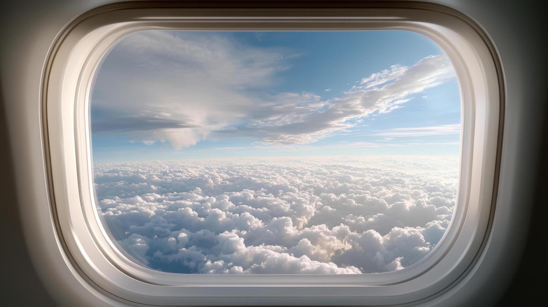 Aerial view of fluffy clouds and blue sky seen through airplane window, evoking sense of wonder photo
