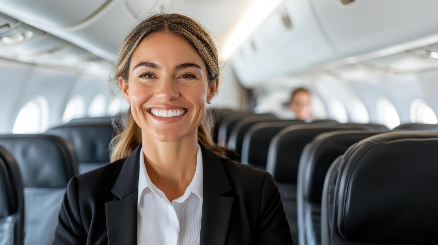 flight attendant smiling warmly in airplane cabin, creating welcoming atmosphere for passengers photo