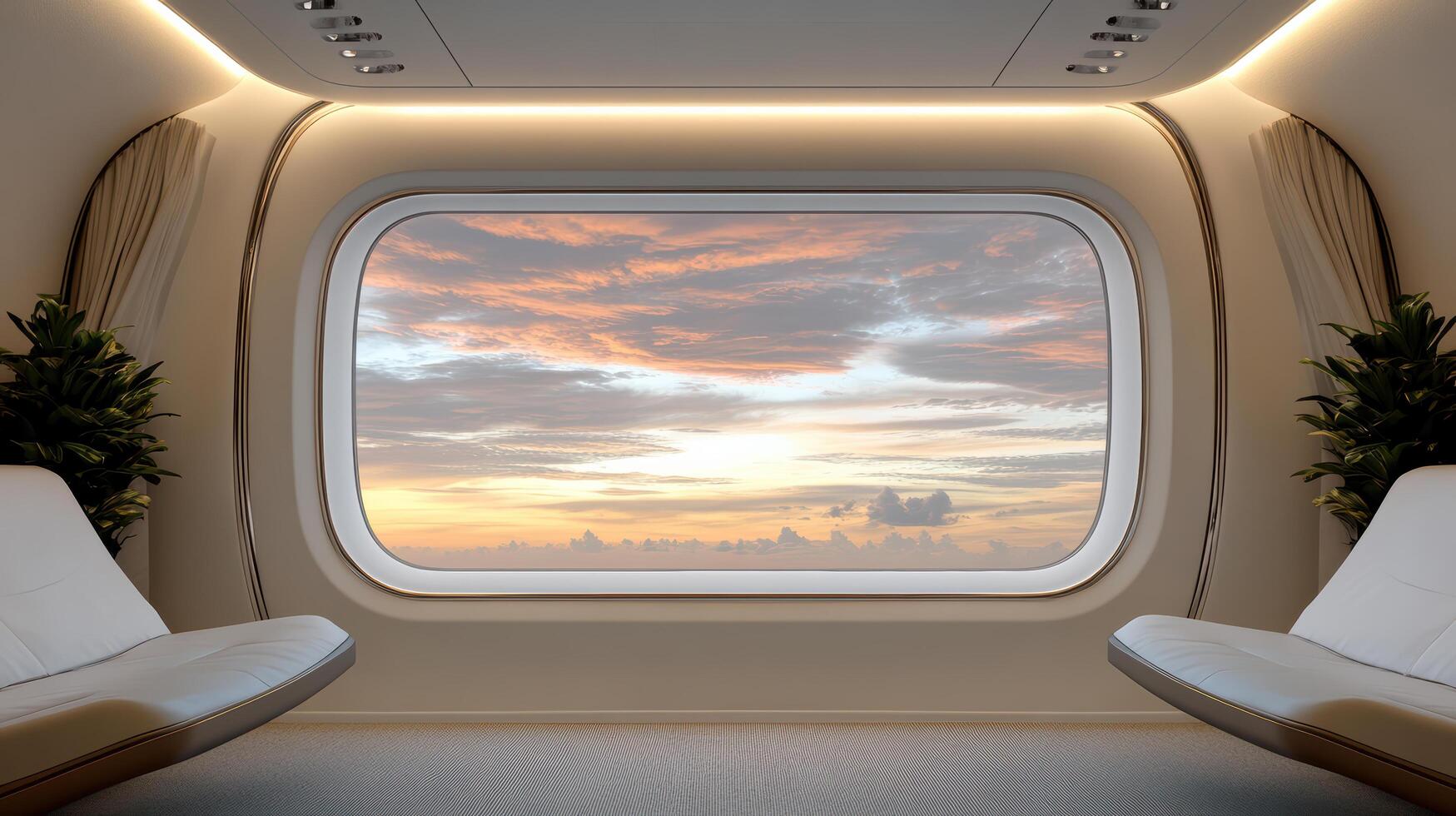 serene interior with large window showcasing vibrant sunset sky, creating peaceful atmosphere photo