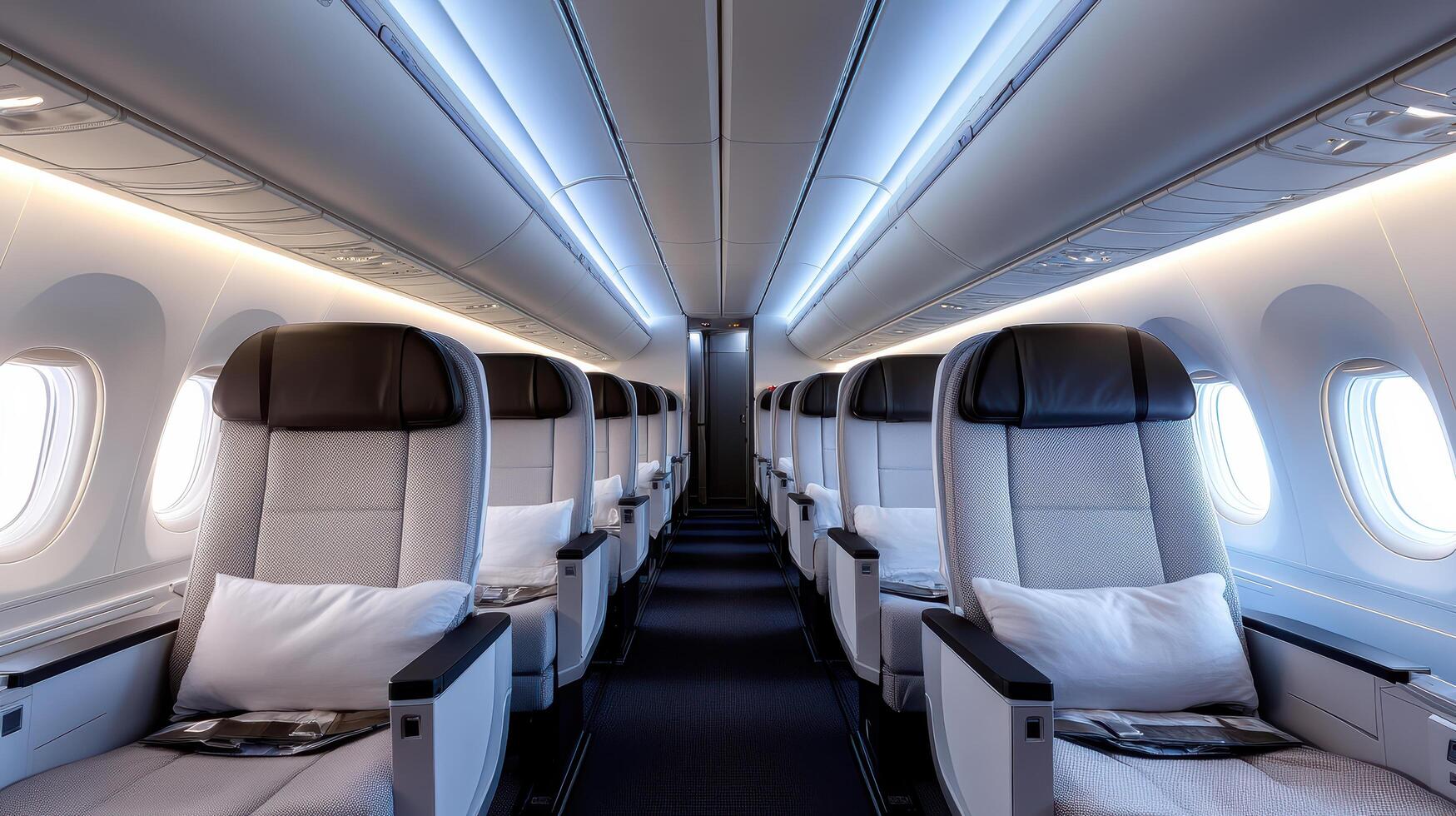 modern airplane cabin featuring comfortable seats, soft lighting, and spacious aisles photo