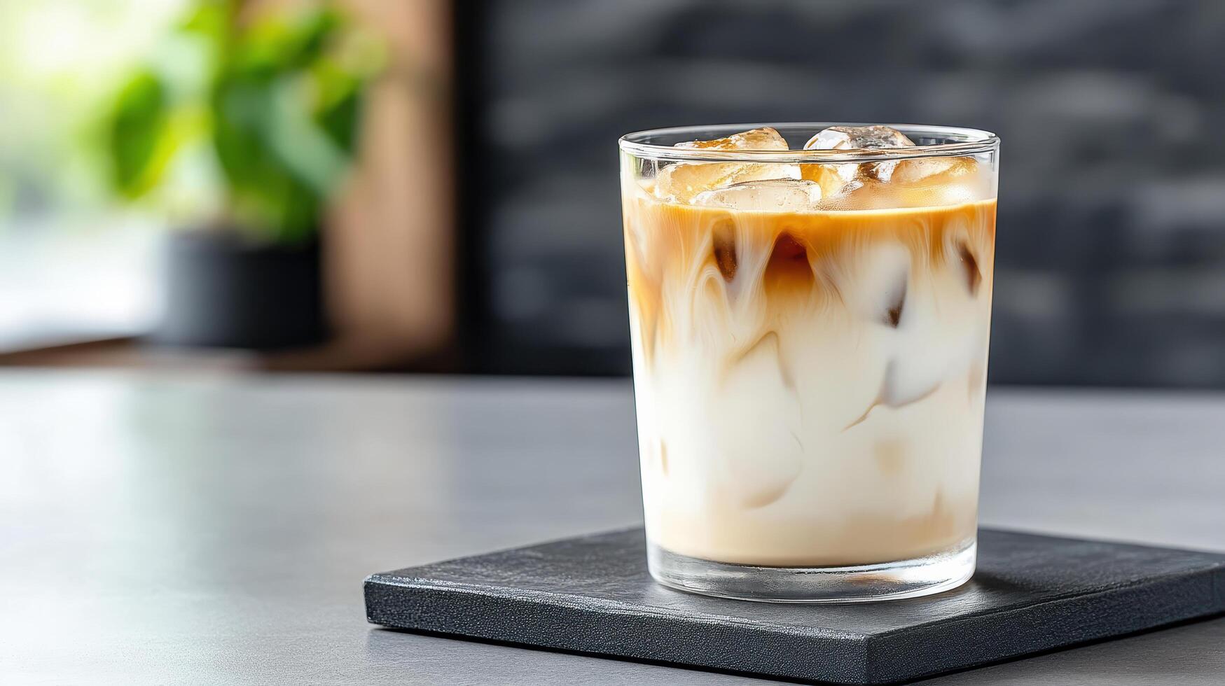 refreshing iced coffee drink with layers of cream and coffee, served in glass photo