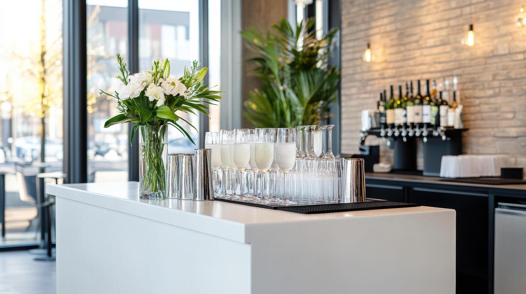 modern cocktail bar featuring elegant glassware and fresh flowers, creating welcoming atmosphere photo