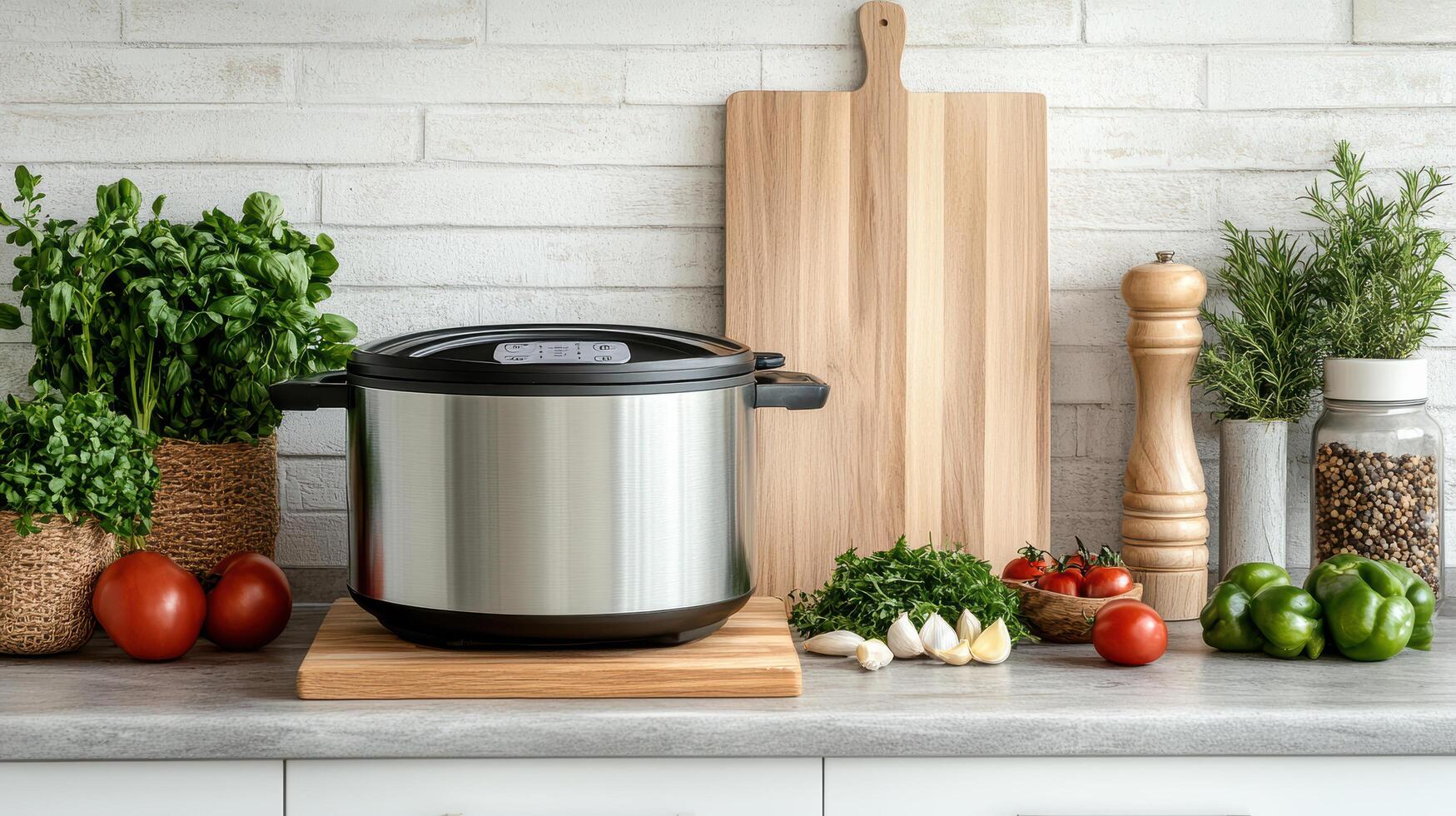 modern slow cooker sits wooden board surrounded by fresh vegetables, creating vibrant kitchen photo