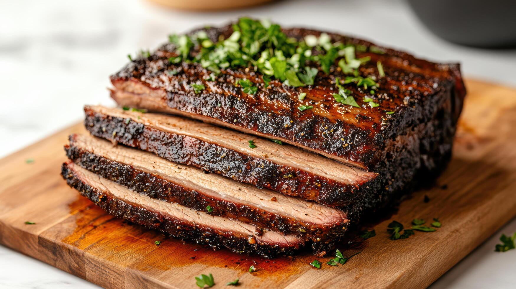Juicy brisket slices garnished with fresh herbs wooden cutting board, showcasing rich textures photo