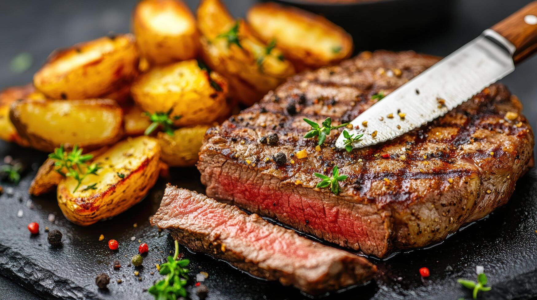 Juicy steak with grilled potatoes, garnished with herbs, creates mouthwatering dish photo