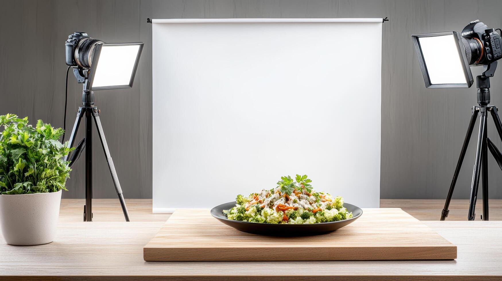 professional food photography setup featuring vibrant salad wooden surface, illuminated by photo
