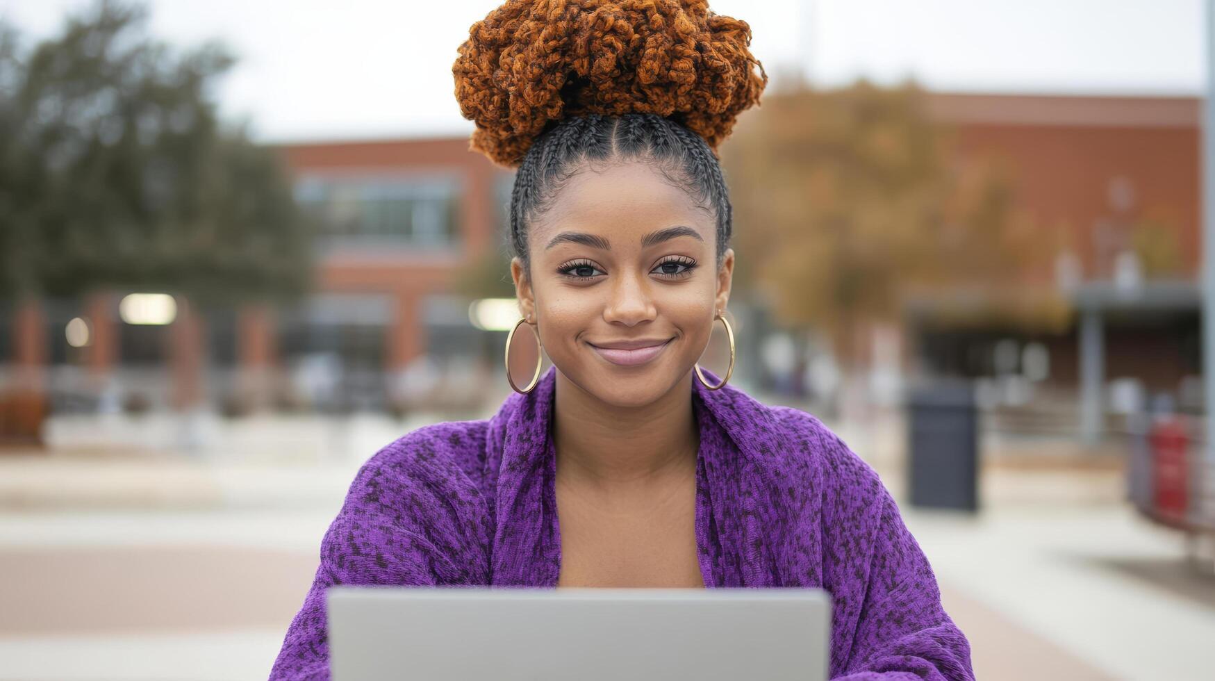 student smiling while studying outdoors with laptop, showcasing relaxed atmosphere photo