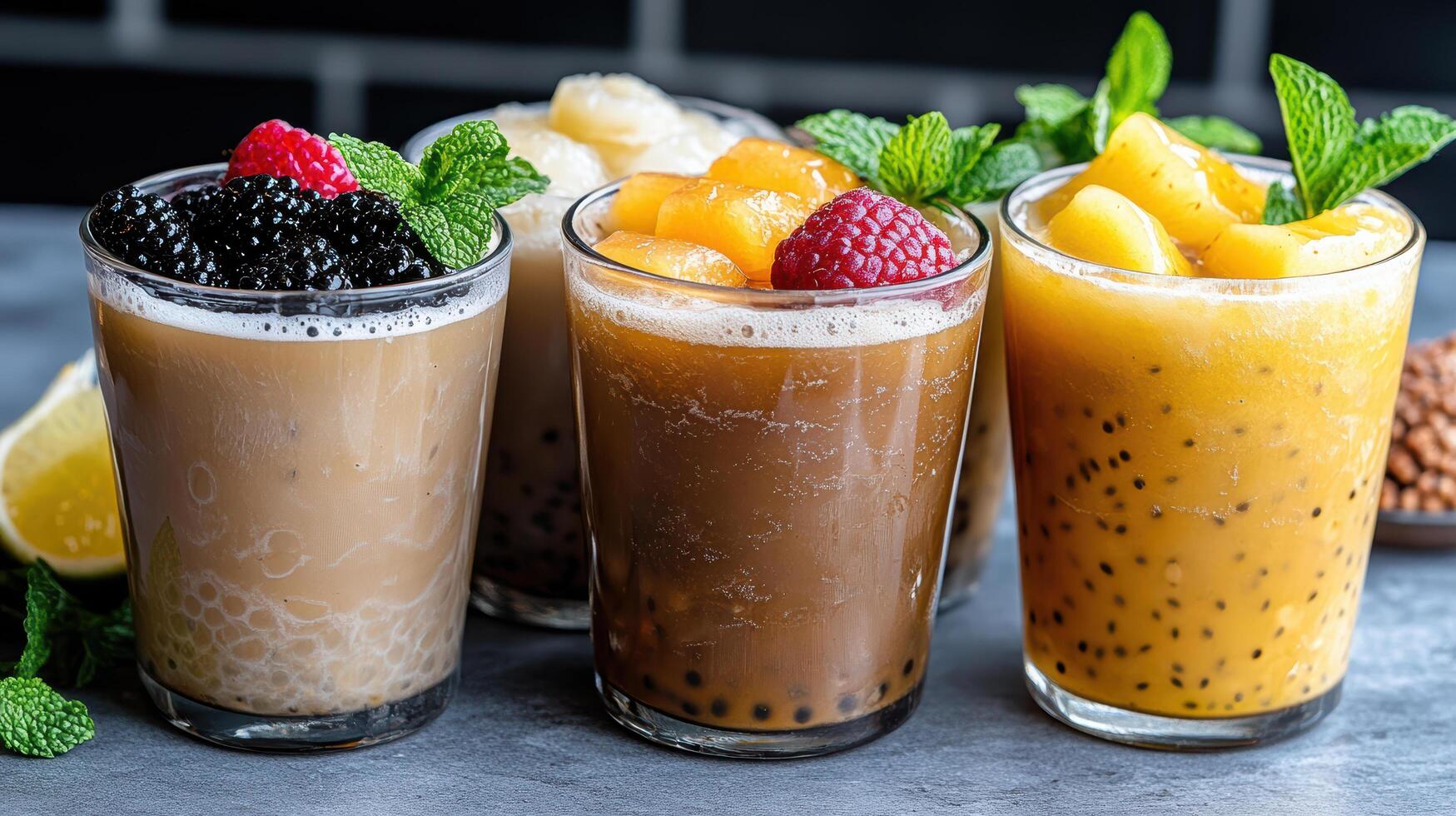 Refreshing bubble tea drinks with fresh fruit toppings and mint leaves create vibrant display photo