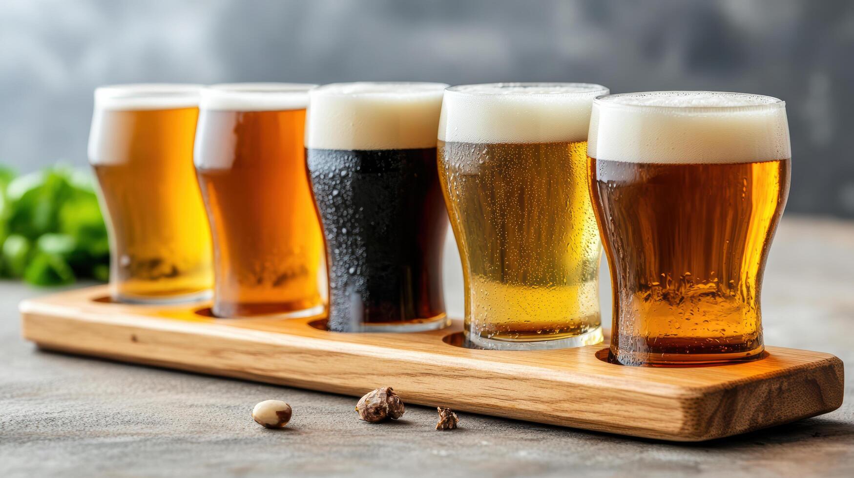 Craft beer tasting with variety of styles in wooden flight, showcasing rich colors and textures photo