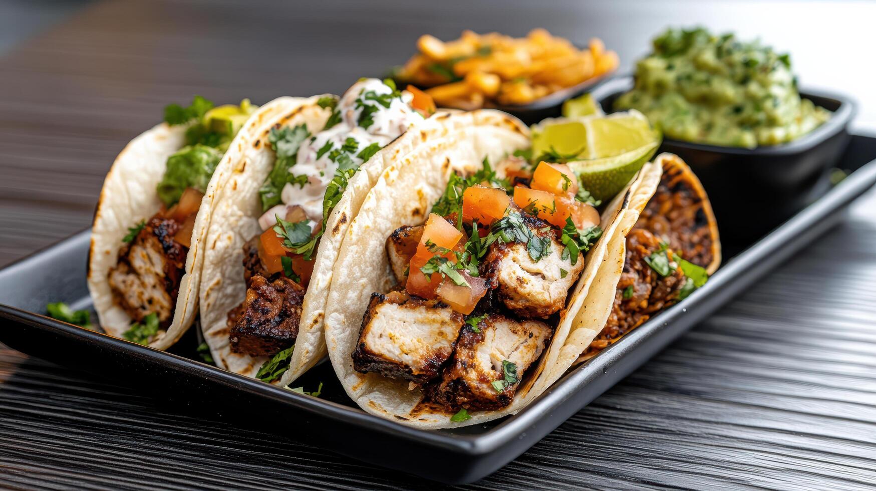 Gourmet tacos with grilled chicken, fresh toppings, and sides of guacamole and lime photo