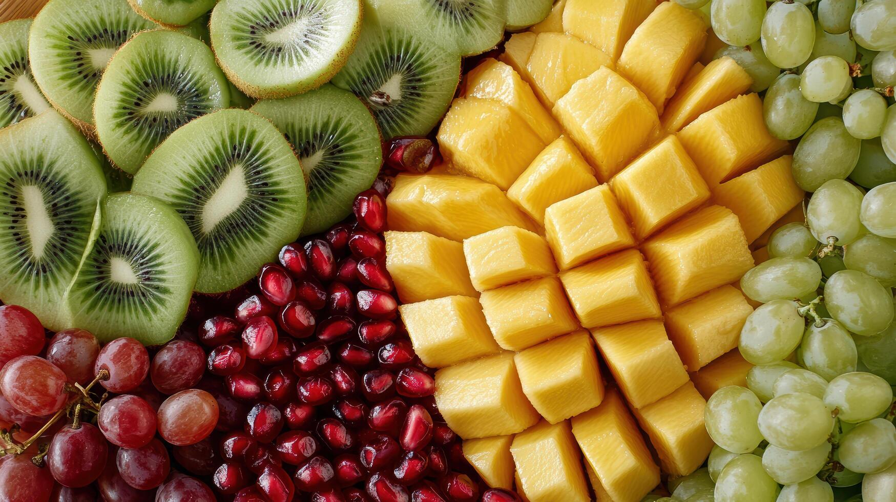 Colorful fruit platter featuring kiwi, mango, grapes, and pomegranate, perfect for healthy photo