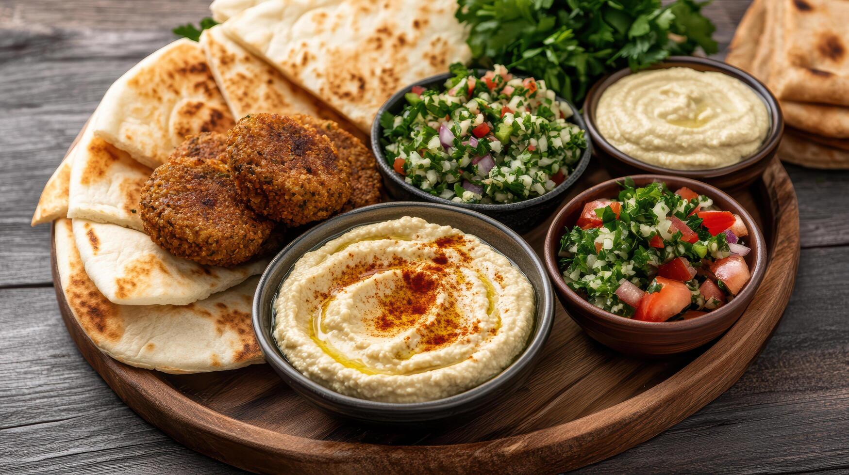 Delicious mezze platter featuring falafel, hummus, tabbouleh, and pita bread, perfect for photo